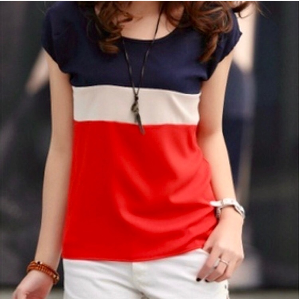 NWOT Navy, White, and Bright Red Blouse, Size L